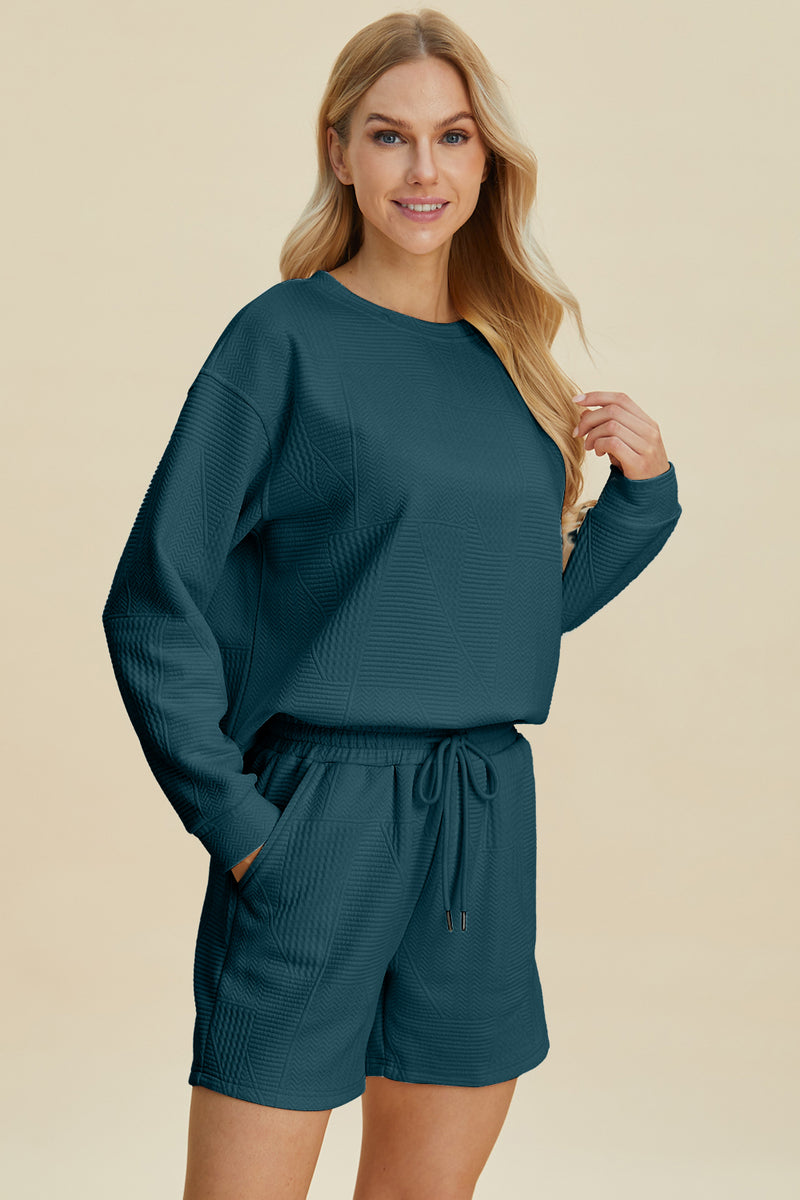 Double Take Full Size Texture Round Neck Long Sleeve Top and 